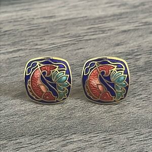 Vintage Cloisonné Coy Fish Square Stud Earrings Nautical Marine Tropical